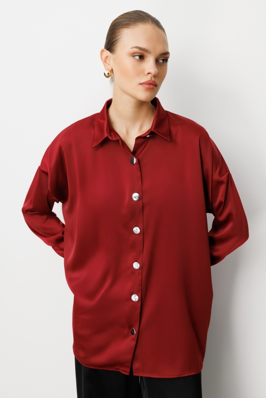 Mizalle Metal Düğmeli Bordo Saten Tunik Gömlek · 3