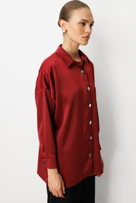 Mizalle Metal Düğmeli Bordo Saten Tunik Gömlek · 5