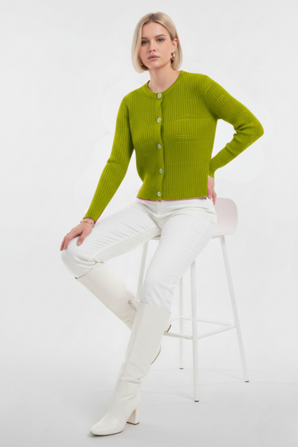 Mizalle Metal Düğmeli Yuvarlak Yaka Kaşkorse Fıstık Yeşili Hırka - Mizalle (1)