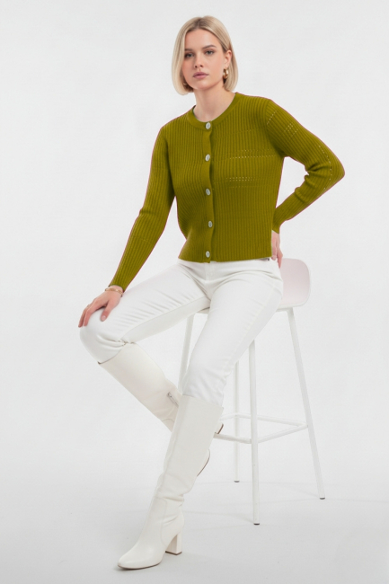 Mizalle Metal Düğmeli Yuvarlak Yaka Kaşkorse Haki Hırka - Mizalle (1)