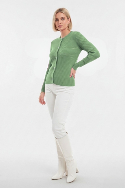 Mizalle Metal Düğmeli Yuvarlak Yaka Kaşkorse Mint Hırka - Mizalle (1)