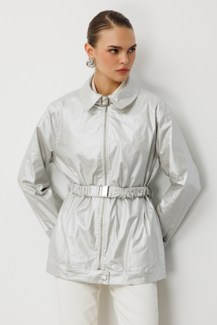 Mizalle Metalik Gri Parlak Dokulu Kuşaklı Trençkot - Mizalle (1)