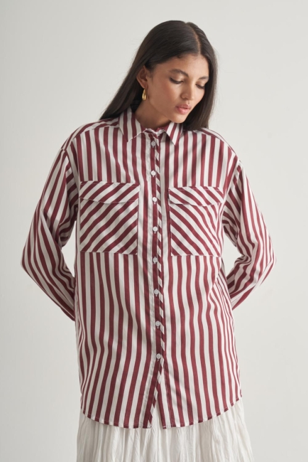 Mizalle Modal Dokulu Bordo Çizgili Cepli Gömlek - Mizalle (1)
