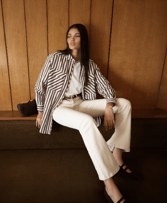 Mizalle Modal Dokulu Kahverengi Çizgili Cepli Gömlek - Mizalle (1)