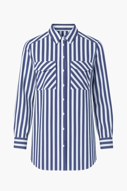 Mizalle Modal Dokulu Lacivert Çizgili Cepli Gömlek - Mizalle (1)