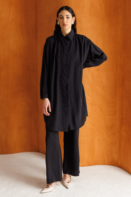 Mizalle Modal Dokulu Lastikli Siyah Rahat Pantolon - Mizalle (1)