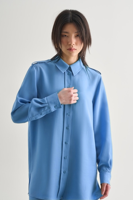 Mizalle Modal Karışımlı Apoletli Mavi Tunik - Mizalle (1)