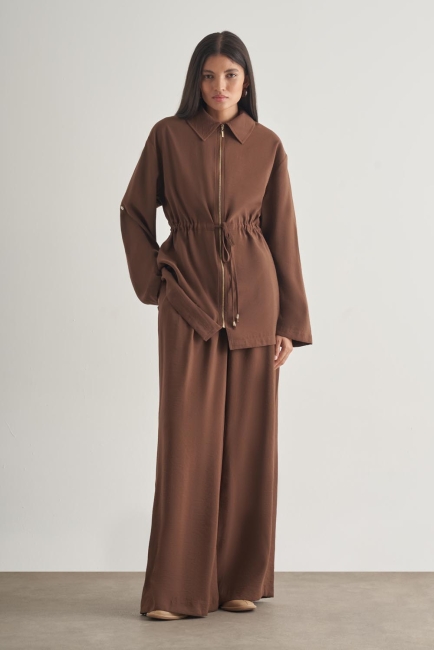 Mizalle Modal Karışımlı Fermuarlı Kahverengi Tunik - Mizalle