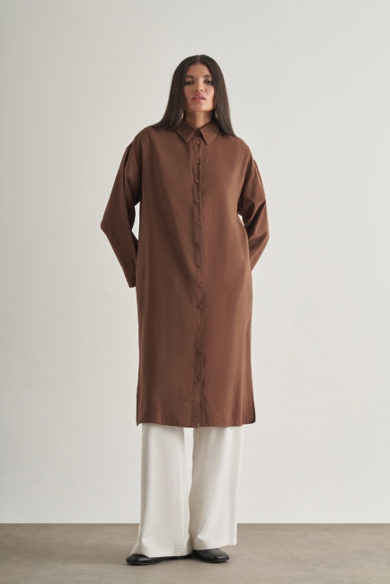 Mizalle Modal Karışımlı Kahverengi Uzun Tunik - Mizalle