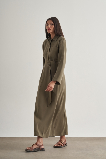 Mizalle Modal Karışımlı Kuşaklı Haki Uzun Gömlek Elbise - Mizalle