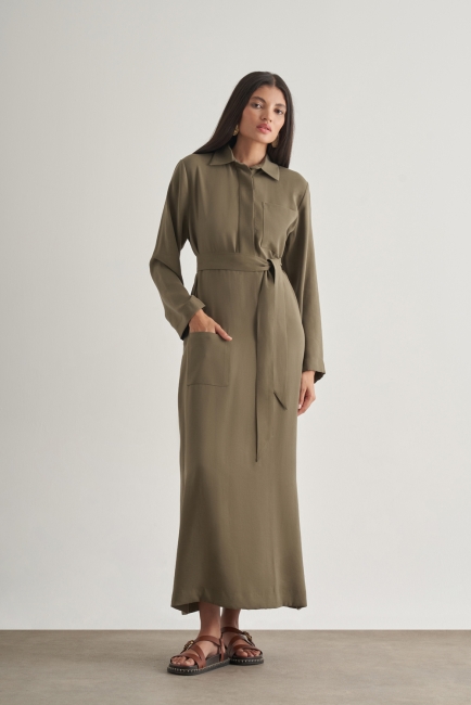 Mizalle Modal Karışımlı Kuşaklı Haki Uzun Gömlek Elbise - Mizalle (1)