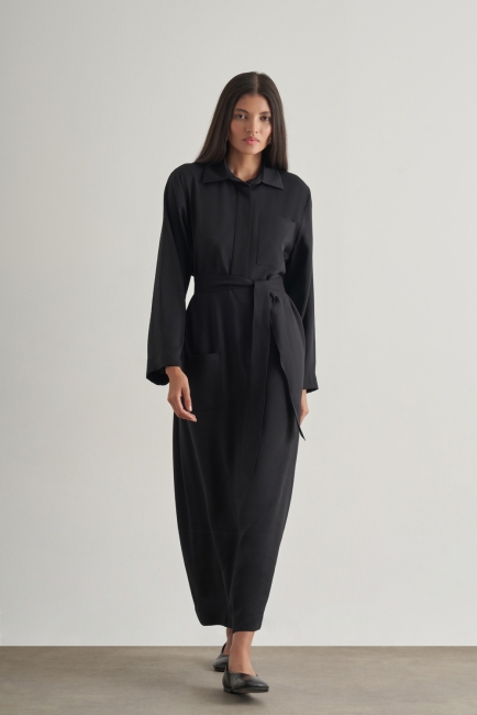 Mizalle Modal Karışımlı Kuşaklı Siyah Uzun Gömlek Elbise - Mizalle (1)