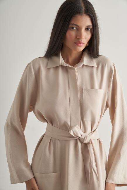 Mizalle Modal Karışımlı Kuşaklı Taş Rengi Uzun Gömlek Elbise - Mizalle (1)