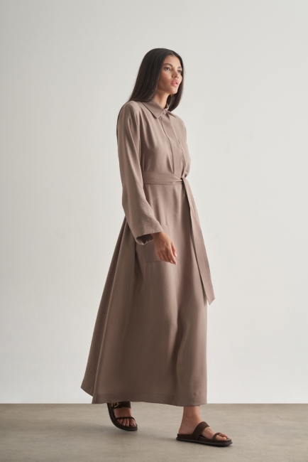 Mizalle Modal Karışımlı Kuşaklı Vizon Rengi Uzun Gömlek Elbi - Mizalle (1)
