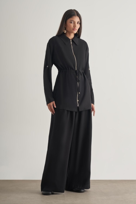 Mizalle Modal Karışımlı Rahat Kesim Beli Lastikli Siyah Pantolon - Mizalle (1)