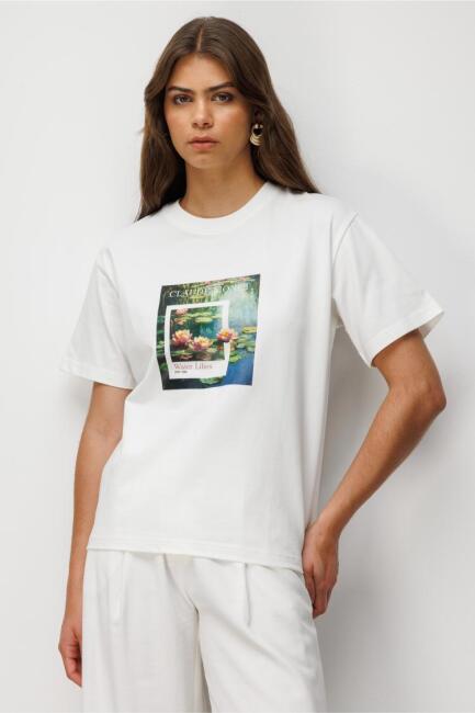Mizalle Monet Water Lilies Baskılı Suprem Beyaz T-Shirt - Mizalle (1)