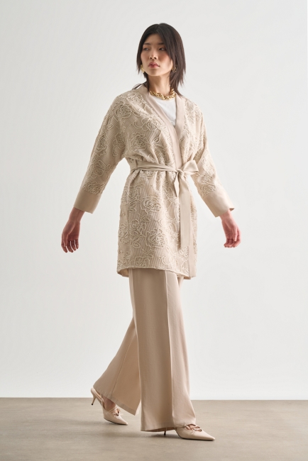 Mizalle Örgü Nakışlı Bej Rengi Premium Kimono Ceket - Mizalle (1)