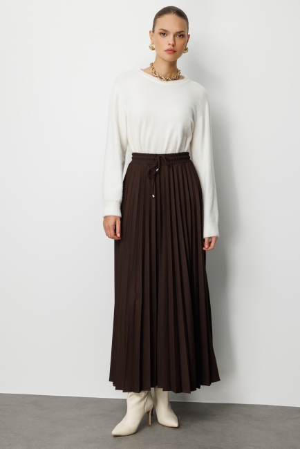 Mizalle Örme Krep Piliseli Maksi Kahverengi Etek - Mizalle (1)