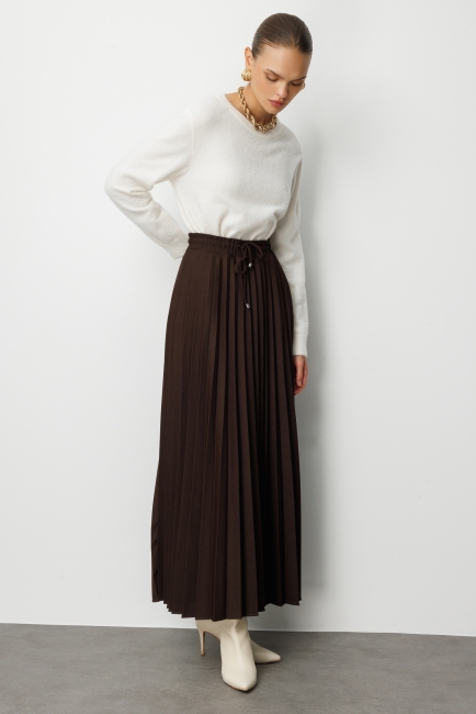 Mizalle Örme Krep Piliseli Maksi Kahverengi Etek - Mizalle