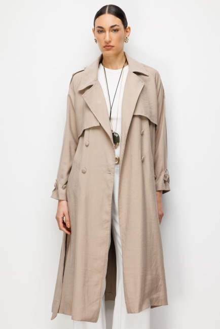 Mizalle Oversize Bej Rengi Tencel Trençkot - Mizalle (1)
