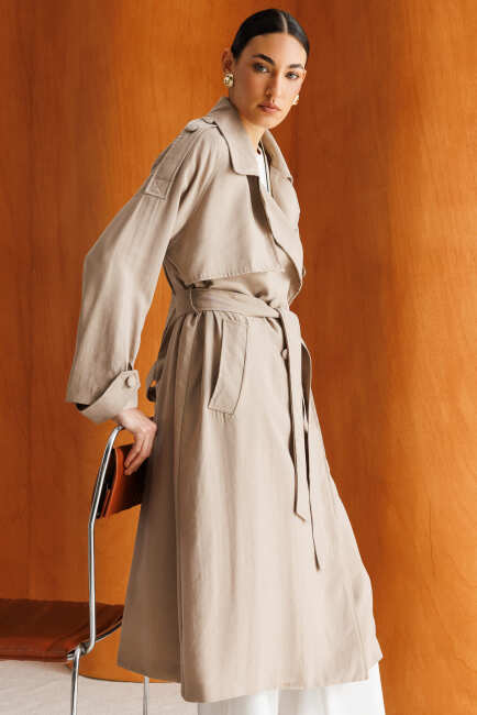 Mizalle Oversize Bej Rengi Tencel Trençkot - Mizalle