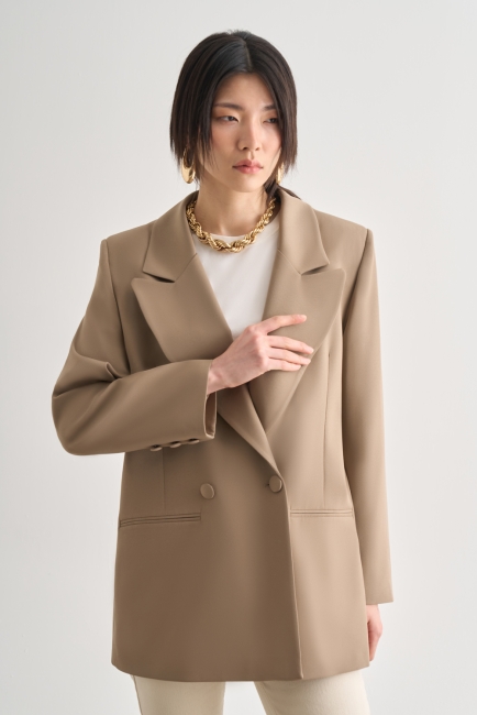 Mizalle Oversize Çift Yırtmaçlı Bej Blazer Ceket - Mizalle