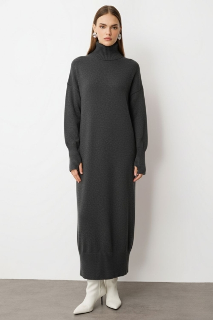 Mizalle Oversize Dik Yaka Füme Rengi Uzun Kalın Triko Elbise - Mizalle (1)