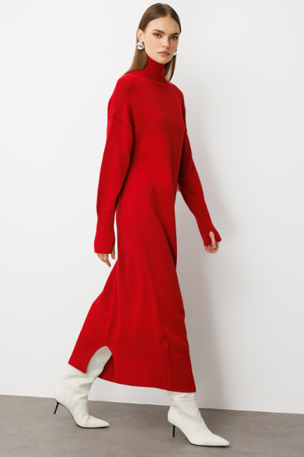 Mizalle Oversize Dik Yaka Kırmızı Uzun Kalın Triko Elbise - Mizalle (1)