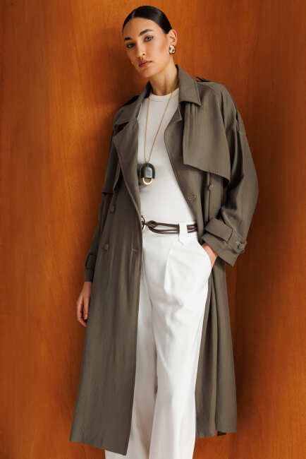 Mizalle Oversize Haki Tencel Trençkot - Mizalle