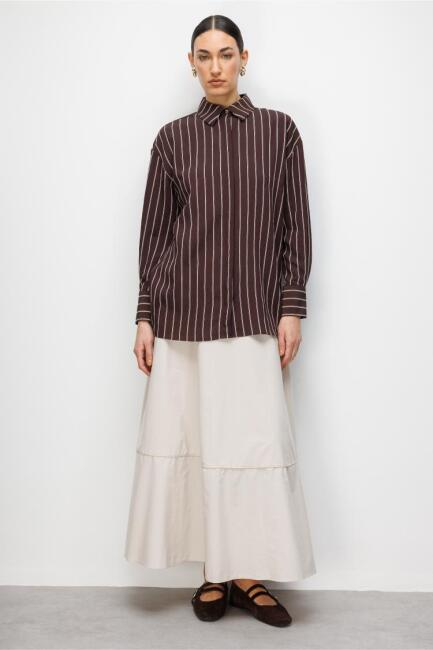 Mizalle Oversize Kahverengi Çizgili Gömlek - Mizalle (1)