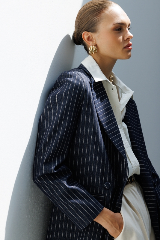Mizalle Oversize Lacivert Çizgili Özel Tasarım Kruvaze Ceket · 5