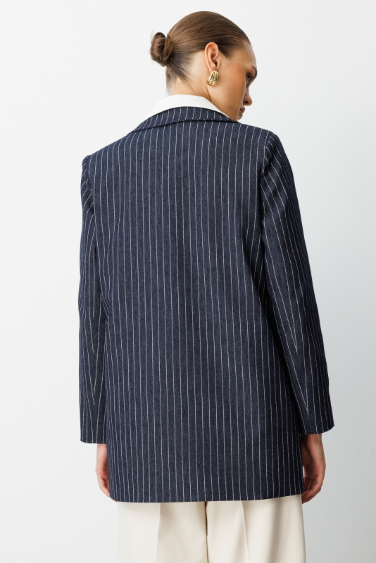 Mizalle Oversize Lacivert Çizgili Özel Tasarım Kruvaze Ceket · 6
