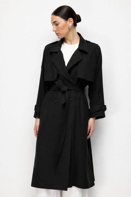 Mizalle Oversize Siyah Tencel Trençkot - Mizalle