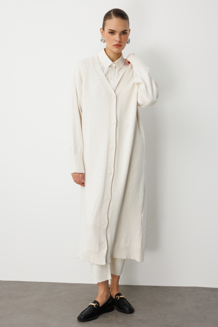 Mizalle Oversize V Yaka Uzun Ekru Triko Hırka - Mizalle (1)