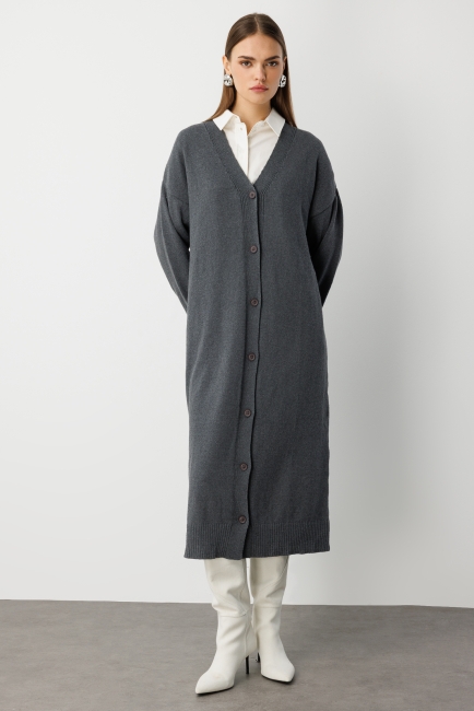 Mizalle Oversize V Yaka Uzun Gri Triko Hırka - Mizalle