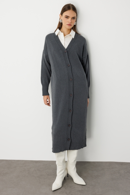 Mizalle Oversize V Yaka Uzun Gri Triko Hırka - Mizalle (1)