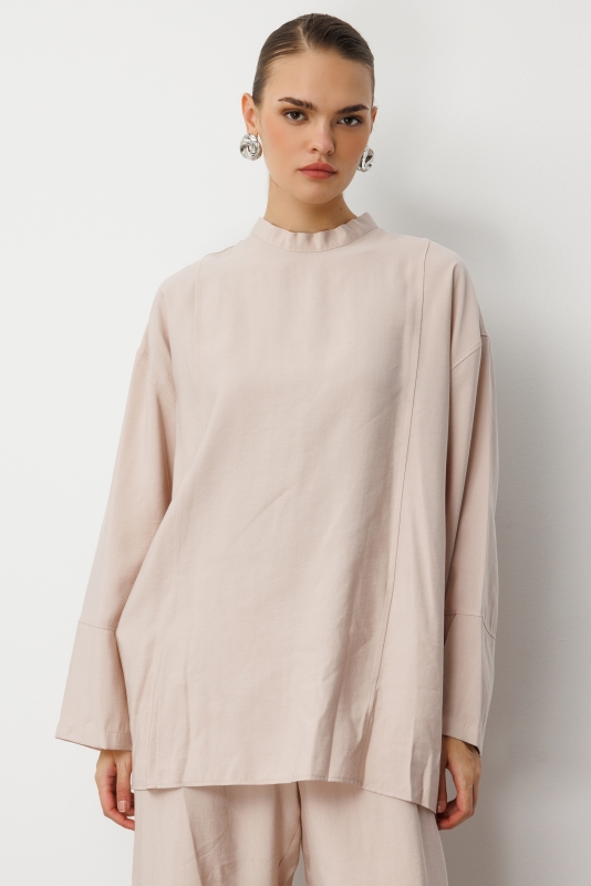 Mizalle Oversize Yüksek Yaka Modal Karışımlı Bej Rengi Tunik · 4