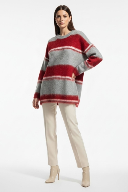 Mizalle Oversize Yumuşak Doklu Gri Kırmızı Çizgili Triko Ka - Mizalle (1)