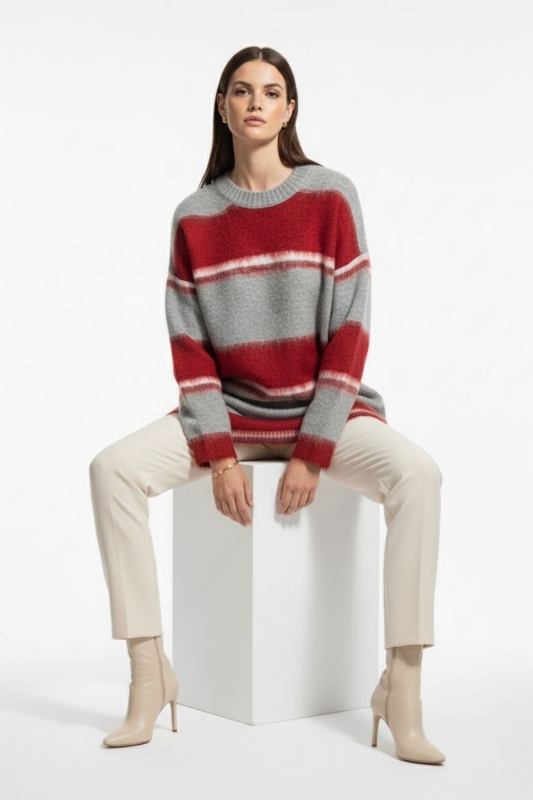 Mizalle Oversize Yumuşak Doklu Gri Kırmızı  Çizgili Triko Ka · 3