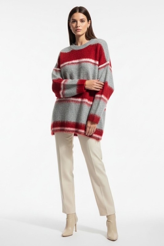 Mizalle Oversize Yumuşak Doklu Gri Kırmızı  Çizgili Triko Ka · 4
