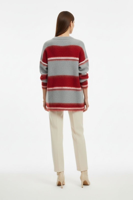 Mizalle Oversize Yumuşak Doklu Gri Kırmızı  Çizgili Triko Ka · 5