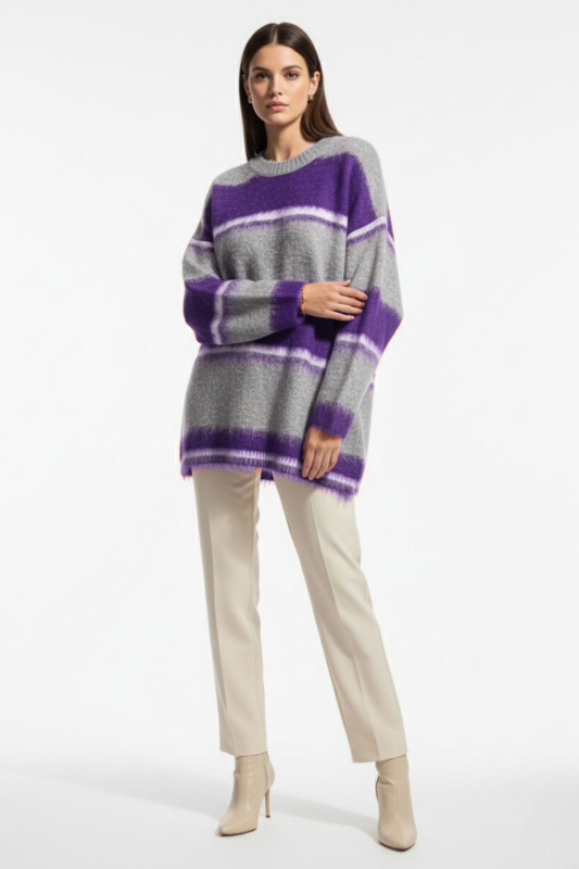 Mizalle Oversize Yumuşak Doklu Gri Mor Çizgili Triko Kazak · 2