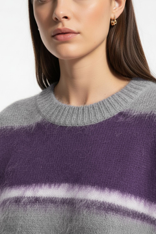 Mizalle Oversize Yumuşak Doklu Gri Mor Çizgili Triko Kazak · 3
