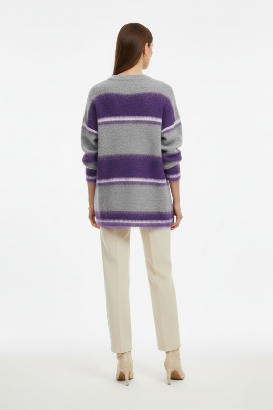 Mizalle Oversize Yumuşak Doklu Gri Mor Çizgili Triko Kazak · 4