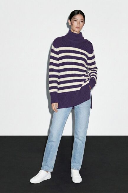 Mizalle Pamuk Karışımlı Mor Çizgili Oversize Kazak - Mizalle