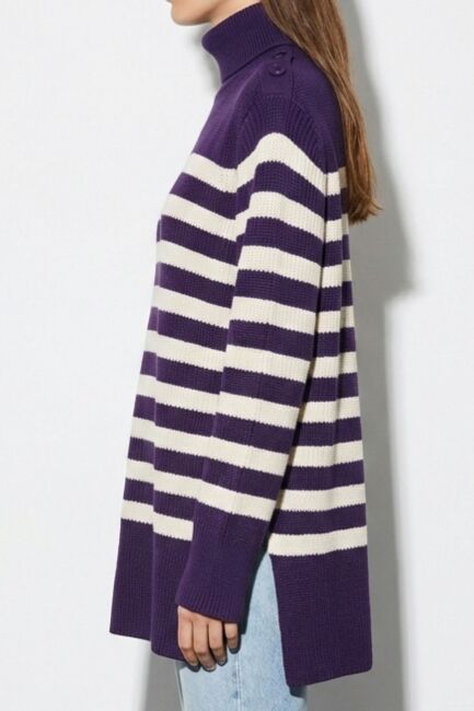 Mizalle Pamuk Karışımlı Mor Çizgili Oversize Kazak - Mizalle (1)
