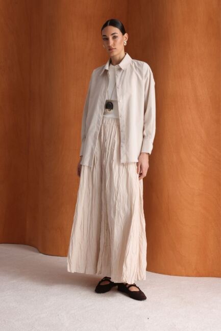 Mizalle Pamuklu Bej Rengi Oversize Gömlek - Mizalle