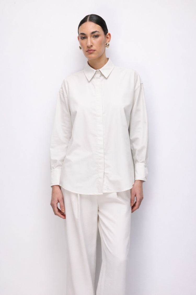 Mizalle Pamuklu Beyaz Oversize Gömlek