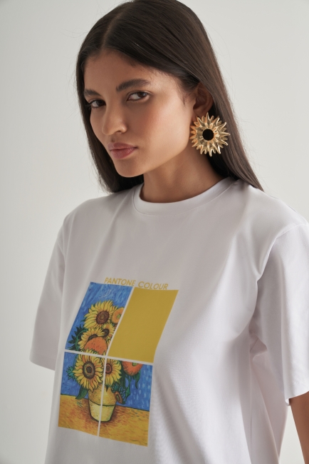 Mizalle Pamuklu Ekru Oversize Baskılı Tişört - Mizalle (1)