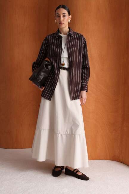 Mizalle Pamuklu Evaze Volanlı Maksi Bej Rengi Etek - Mizalle (1)